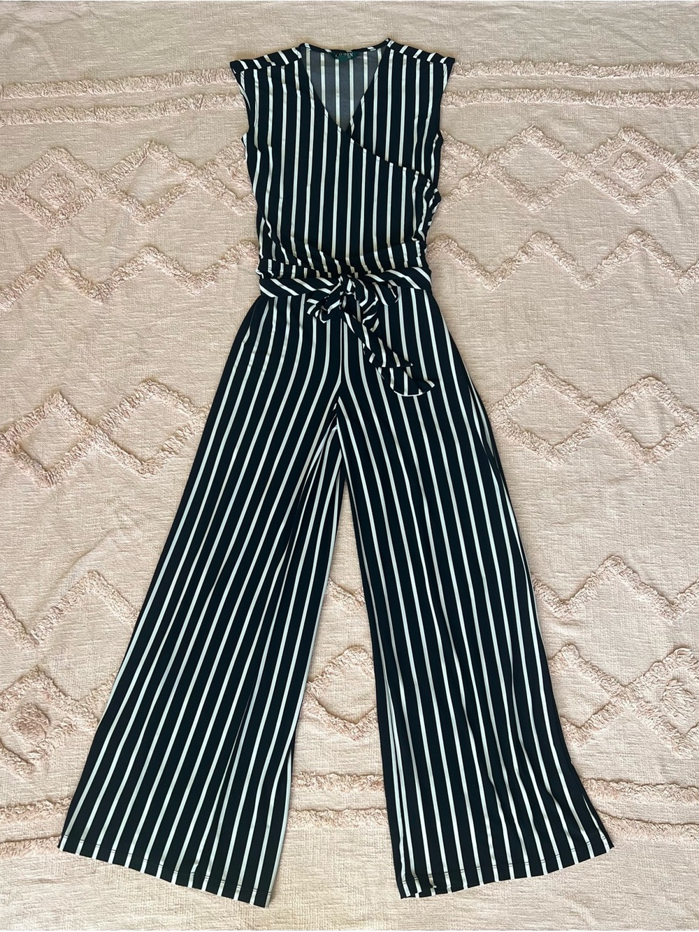 Lauren Ralph Lauren Striped Wide Leg Jumpsuit Belt Size S Like New